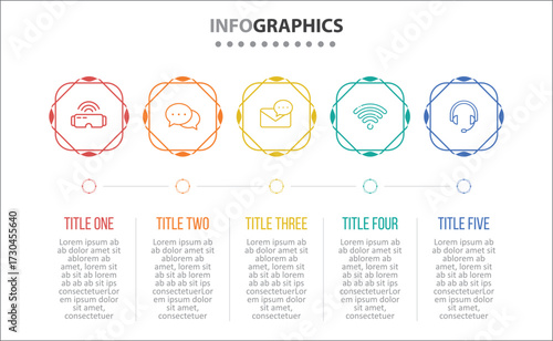 Vector Infographic design with icons. process diagram, flow chart, info graph, Infographics for business concept, presentations banner, workflow layout. 5 options or 5 steps. Horizontal Steps