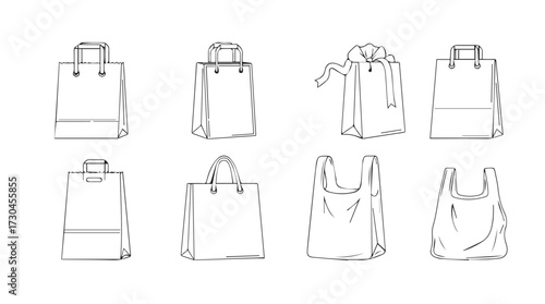 Collection of hand drawn outline icons representing different types of bag designs and styles vector