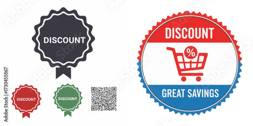 Collection of Discount and Sale Badges with Shopping Cart Icon and QR Code