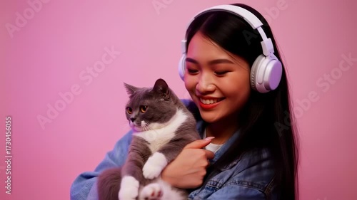 Asian Woman Enjoys Music with Cat on Pink Background.