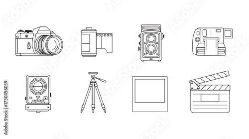 Collection of hand drawn filming equipment icons for video production and filmmaking projects vector
