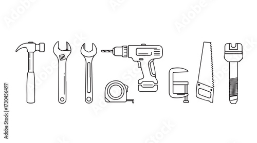 Collection of hand tools and power tools for repair and construction projects vector