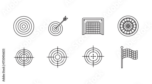 Set of sports icons featuring targets goals and flag for aiming and competition vector