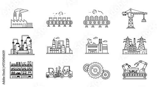 Collection of industrial factory and construction site building icons hand drawn sketches vector
