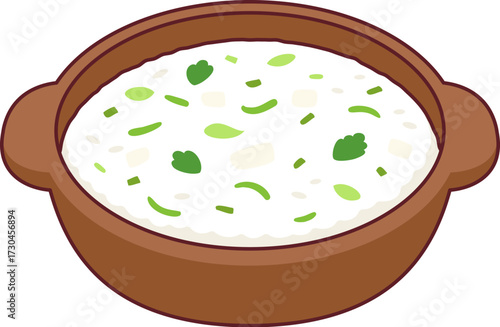 Nanakusa-gayu, traditional Japanese rice porridge with seven herbs. Cartoon vector clip art illustration.