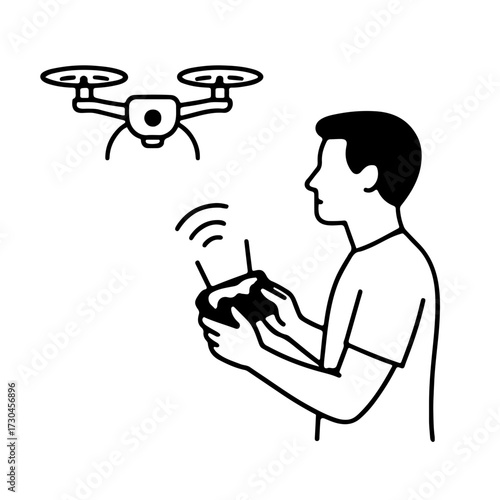 Man operating a flying drone with a controller