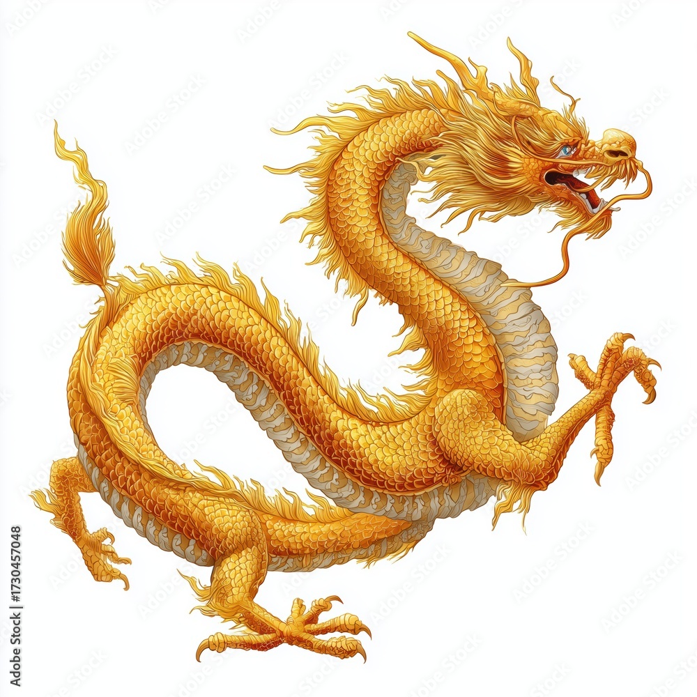 Obraz premium Golden Chinese dragon illustration, white background cut out png