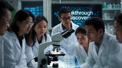 Collaborative Scientific Research: Scientists Observing Microscope in Lab