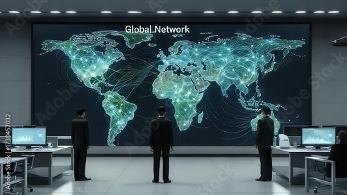Global Network Analysis: Business Team Examining World Map Data on Screen