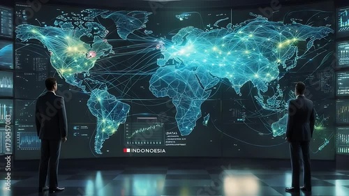 Global Network Analysis: Two Figures Observing a World Map on a Large Screen