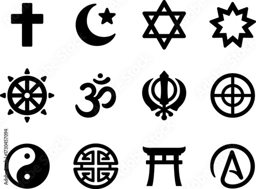Religious symbols icon set. Christianity, Islam, Buddhism, major world religions and Atheism, simple and bold signs. Vector pictogram collection.
