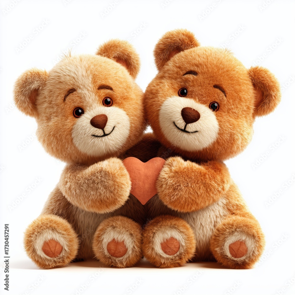 Fototapeta premium Two adorable teddy bears holding a heart, white background cut out png