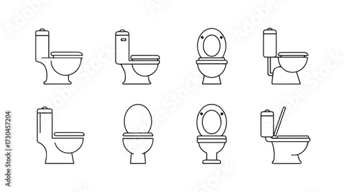 Collection of modern toilet icons simple line art designs various angles and perspectives vector