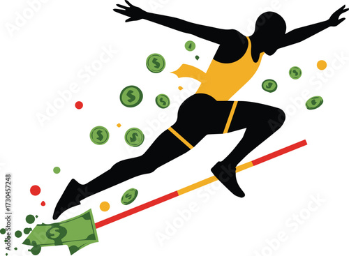 Energetic athlete leaps to financial success, conquering challenges, reaching goals, surrounded by wealth, symbolizing ambition and achievement