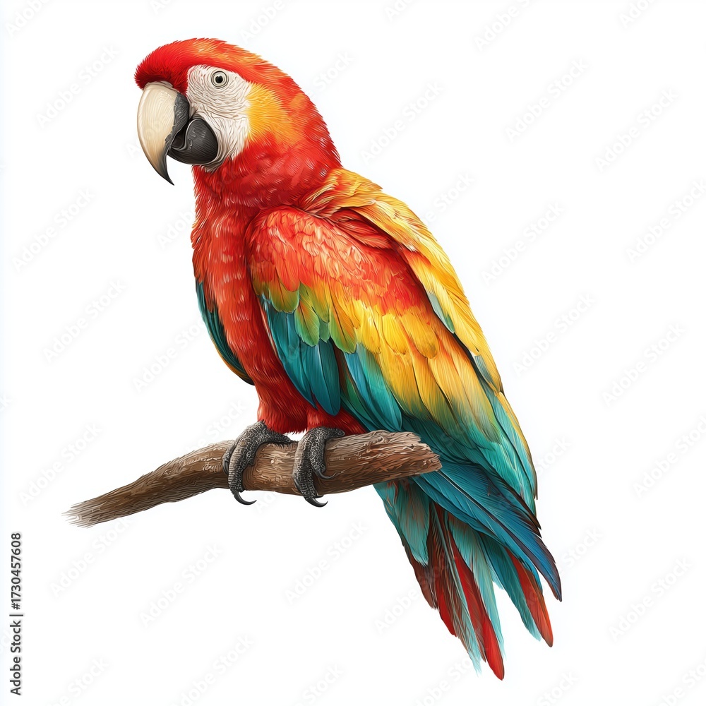 Naklejka premium Colorful macaw parrot on a branch, white background cut out png