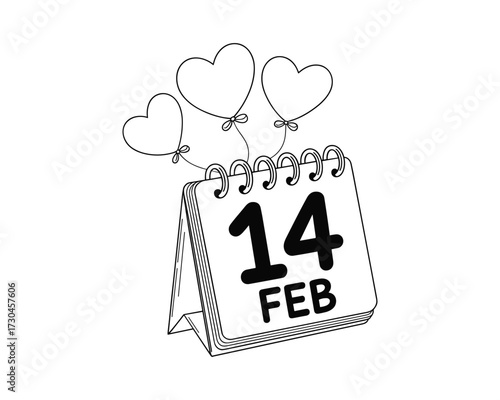 calendar showing February 14 with heart balloons Black and white drawing