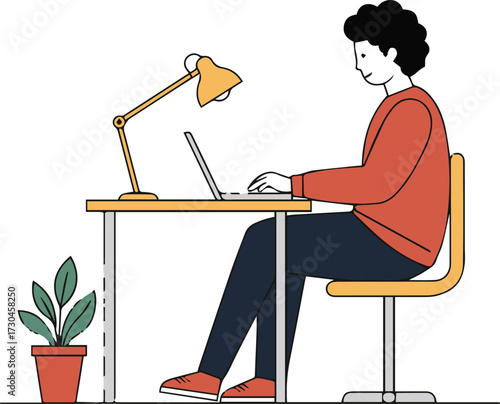 Man working remotely at his desk with a laptop, enjoying a bright workspace for increased productivity and focus on professional goals and digital lifestyle