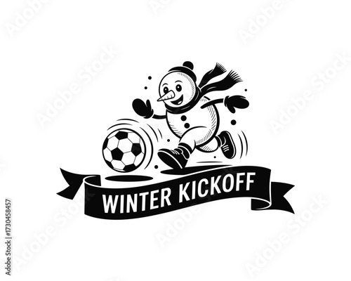 Snowman playing soccer with winter kickoff banner ball