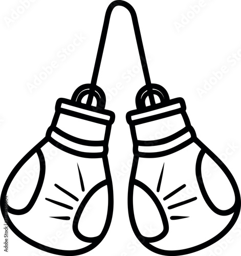 Minimal outline of boxing gloves hanging, black and white clipart.
