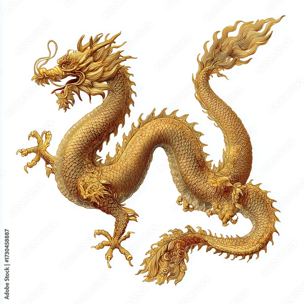 Fototapeta premium Golden Chinese dragon illustration, white background cut out png