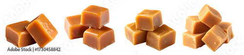Caramel candy cubes isolated on a transparent PNG background, white background, cut out