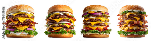 Stacked cheeseburgers with beef and toppings isolated on white background, transparent PNG, cut out