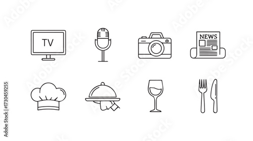 Collection of hand drawn icons for media entertainment food and restaurant concepts in sketch style vector