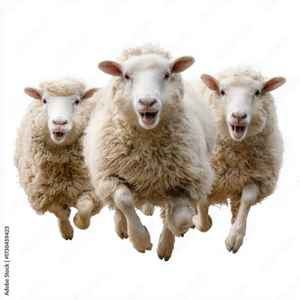 Obraz premium Three sheep jumping, isolated on white background cut out png
