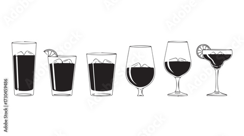 Refreshing red drinks in various glassware perfect for cocktails and beverages vector