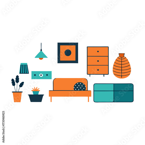Flat vector square collection of mixed furniture and home decor illustrations
