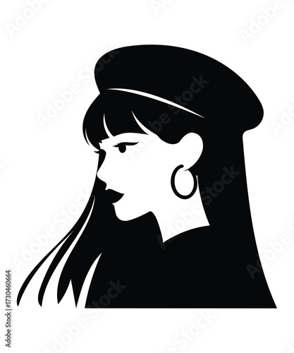 Stylish Woman Silhouette in Beret Fashion Profile.