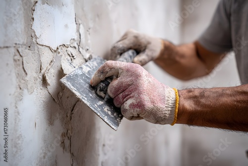 Repair Worker Patching Drywall with Plaster and Trowel
