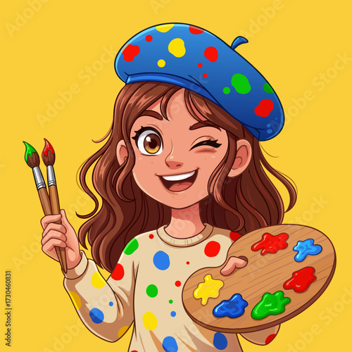 Cute cartoon artist girl with a colorful beret winks while holding a paint palette and brushes