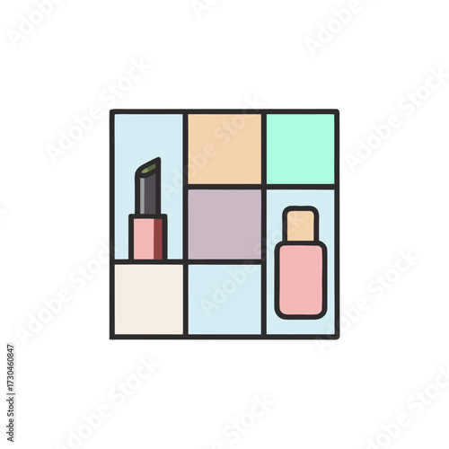 Minimalist flat vector illustration of cosmetics and skincare products in a grid layout