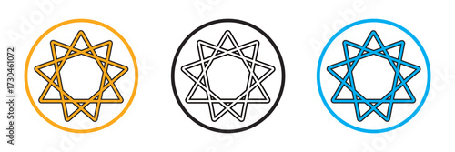 Bahai star. Black linear Baha'i symbols set. nine pointed star bahai symbol set. Religious symbol of Bahaism. Vector illustration.