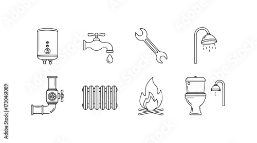 Plumbing icons set representing hot water heater faucet wrench shower toilet and radiators vector