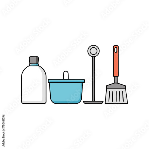 Flat vector illustration of cleaning supplies bottle bucket mop and broom tools collection