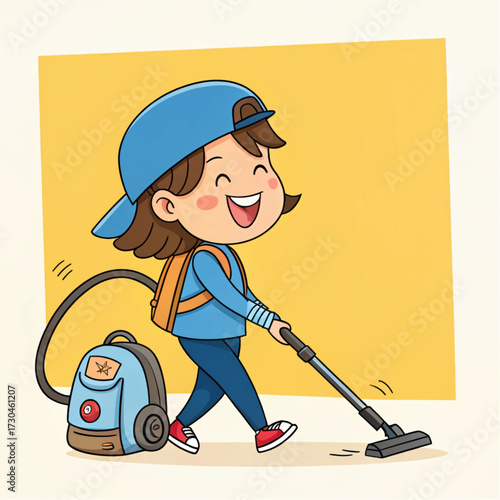 Joyful child enthusiastically vacuums with backpack vacuum