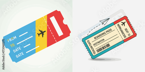 Colorful Illustration of Airline Tickets and a Boarding Pass for Air Travel
