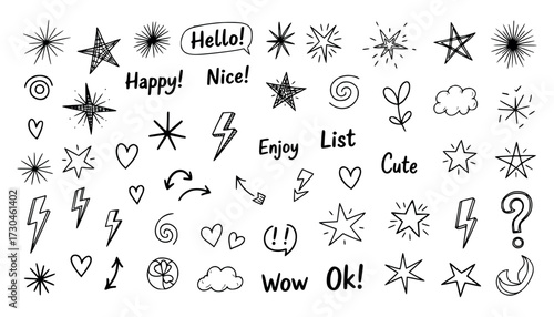 Vector art of collection of handdrawn doodle elements including stars, hearts, clouds, lightning bolts, arrows, and text phrases like hello, happy, nice, enjoy, list, cute, wow, ok