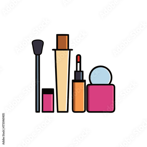 Stylized flat vector illustration of minimalist makeup products for beauty and cosmetics concepts