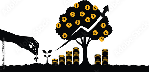 Grow your wealth with smart investments and watch your money tree flourish with dollar signs and upward trending growth charts today