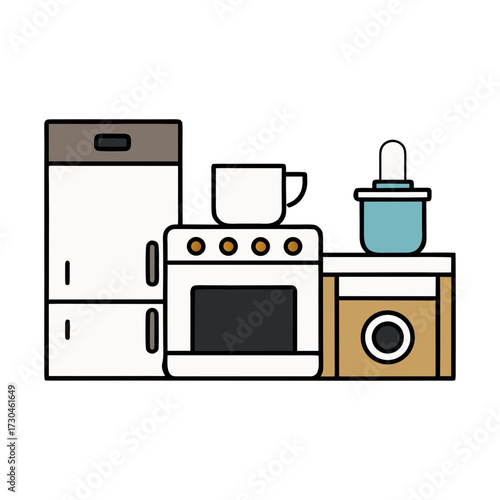 Flat vector collection of kitchen appliances including refrigerator stove and washing machine