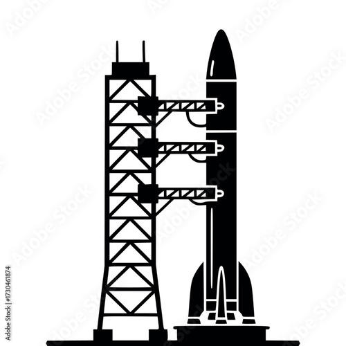 Vector art of black and white illustration of a rocket on a launchpad with a service tower