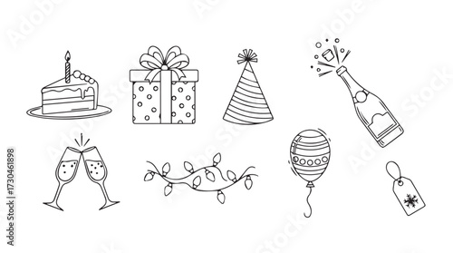Hand drawn birthday celebration elements collection simple sketch icons for festive design needs vector