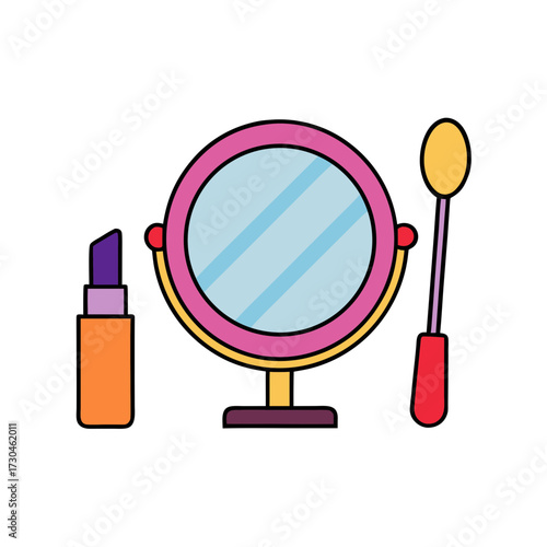Whimsical flat vector vanity set mirror perfume bottle makeup brush scalable illustration