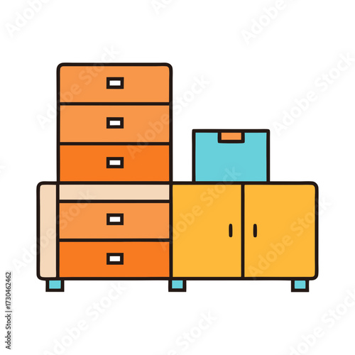 Flat vector collection of orange dressers and cabinets with boxes scalable illustration