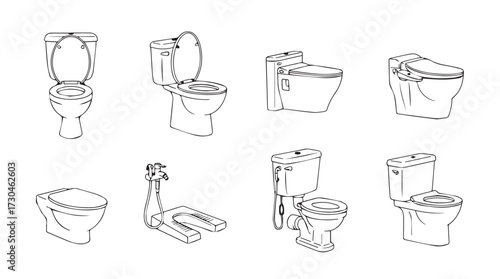 Collection of hand drawn toilet illustrations showing different styles and perspectives bathroom fixtures vector