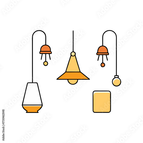 Collection of flat vector icons representing different types of lamps and lights for modern design