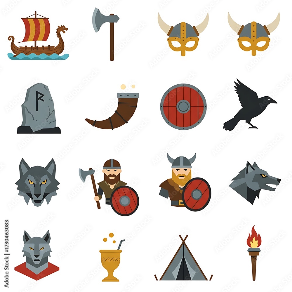 Fototapeta premium A collection of flat-style illustrations depicting various Viking symbols and elements, isolated on white.